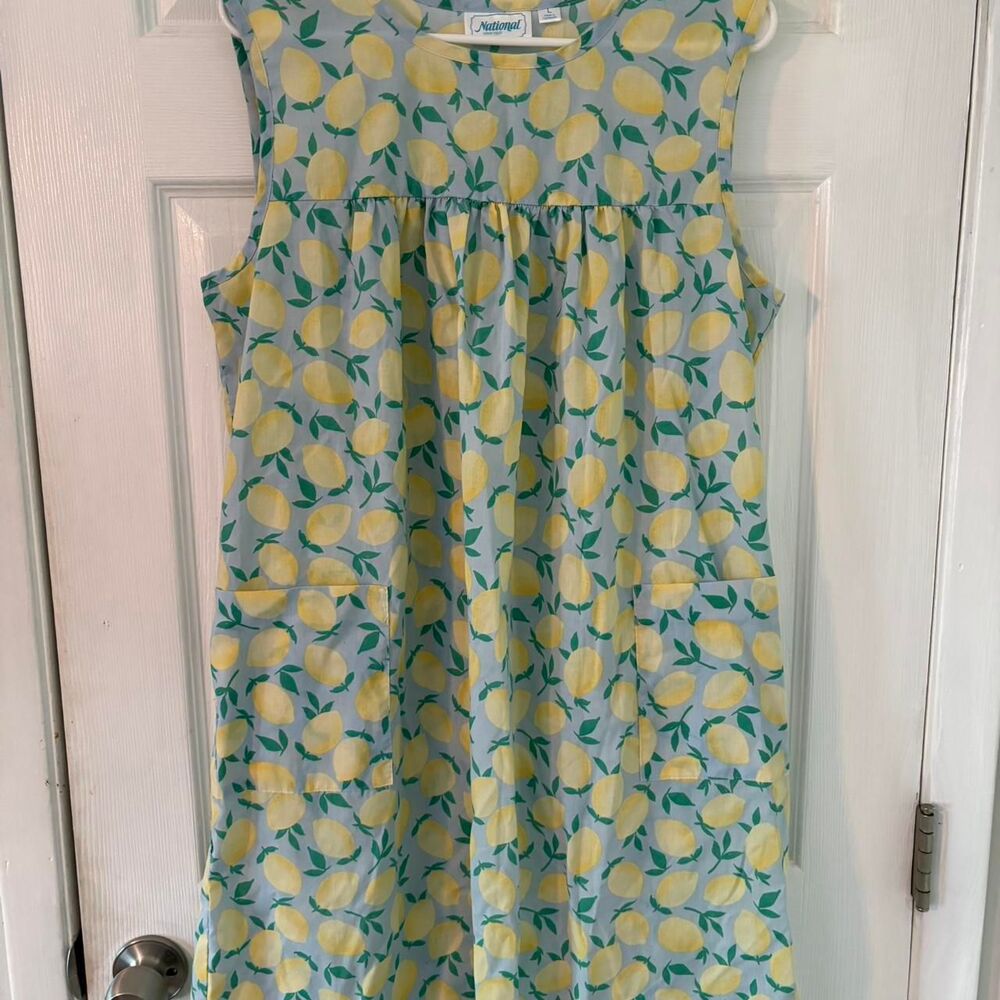 Lemon Print Mini Dress Cottagecore Summer Pocket Dress Blue Yellow Size L - Picture 8 of 8